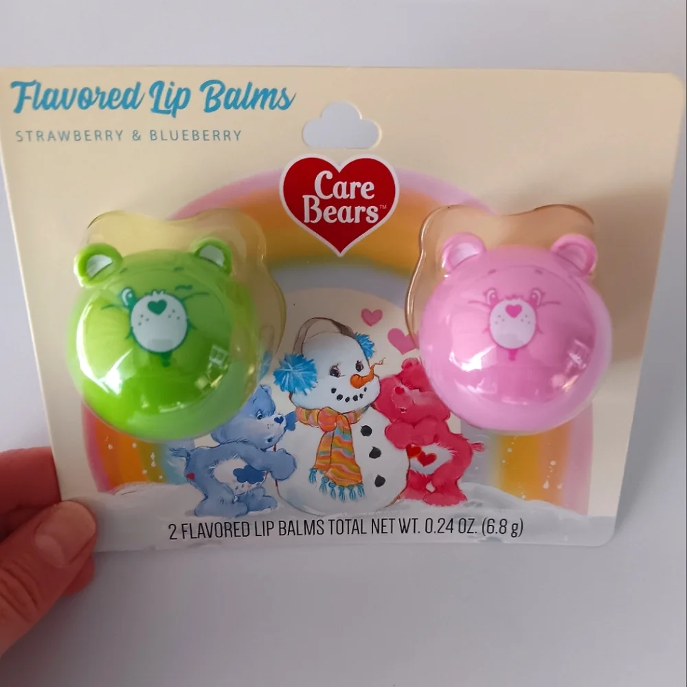 NEW Care Bears Flavored Lip Balm Two Pack Strawberry Blueberry Bear Shaped